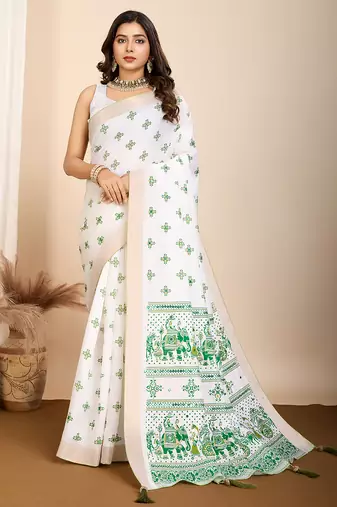 Dark green printed semi cotton saree with blouse
