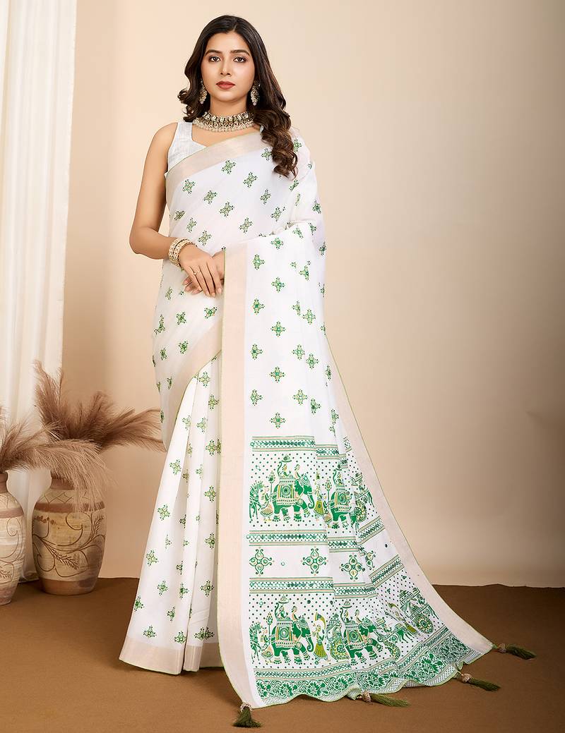 Dark green printed semi cotton saree with blouse