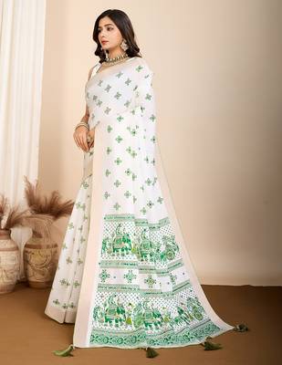 Dark green printed semi cotton saree with blouse 3