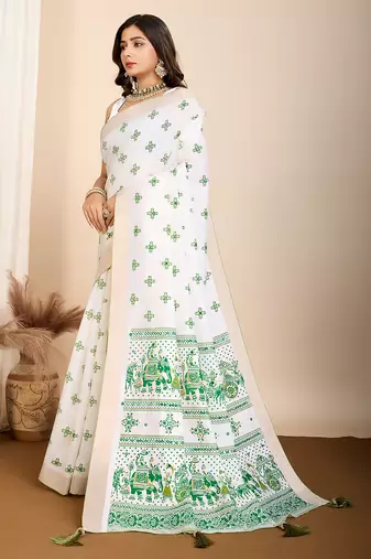 Dark green printed semi cotton saree with blouse