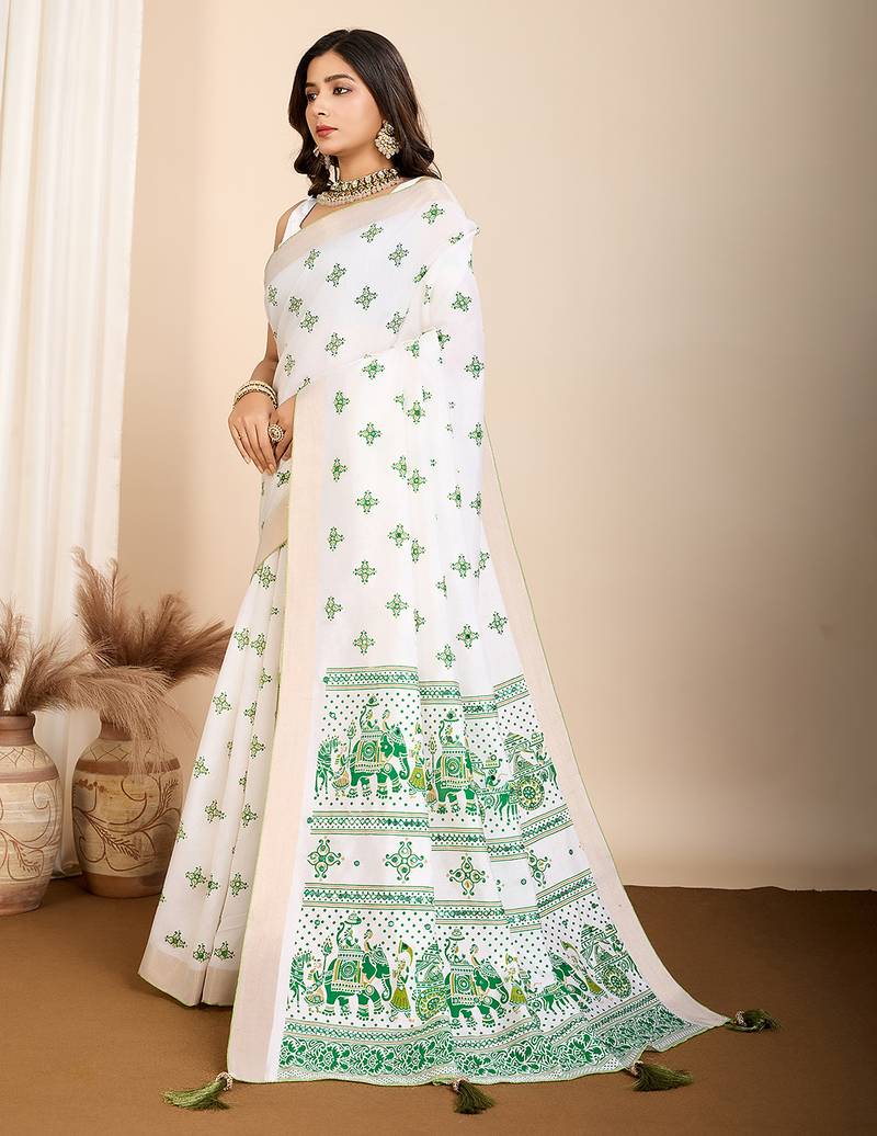 Dark green printed semi cotton saree with blouse