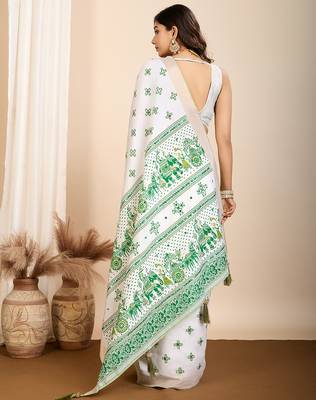 Dark green printed semi cotton saree with blouse 4
