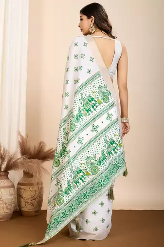 Dark green printed semi cotton saree with blouse