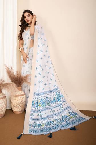 Blue printed semi cotton saree with blouse