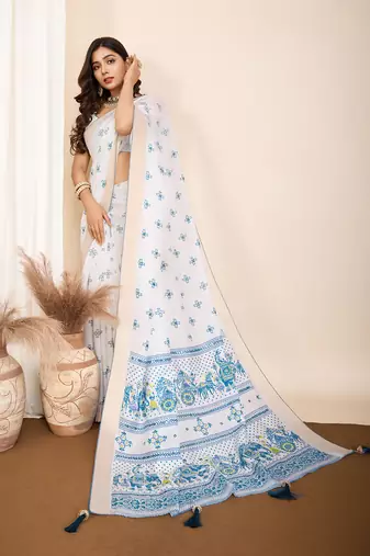 Blue printed semi cotton saree with blouse