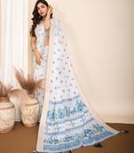 Blue printed semi cotton saree with blouse