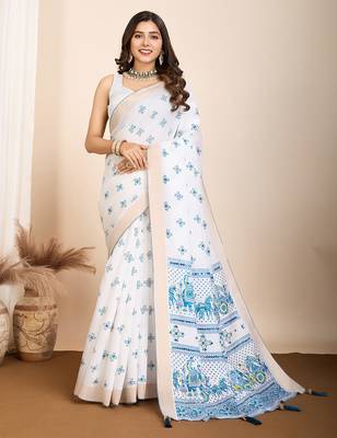 Blue printed semi cotton saree with blouse 2