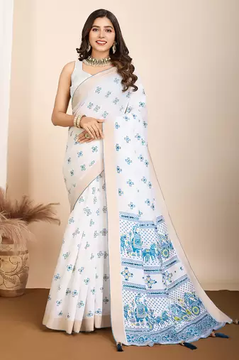 Blue printed semi cotton saree with blouse