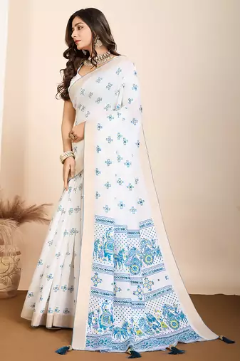Blue printed semi cotton saree with blouse