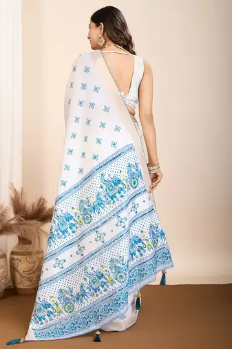 Blue printed semi cotton saree with blouse