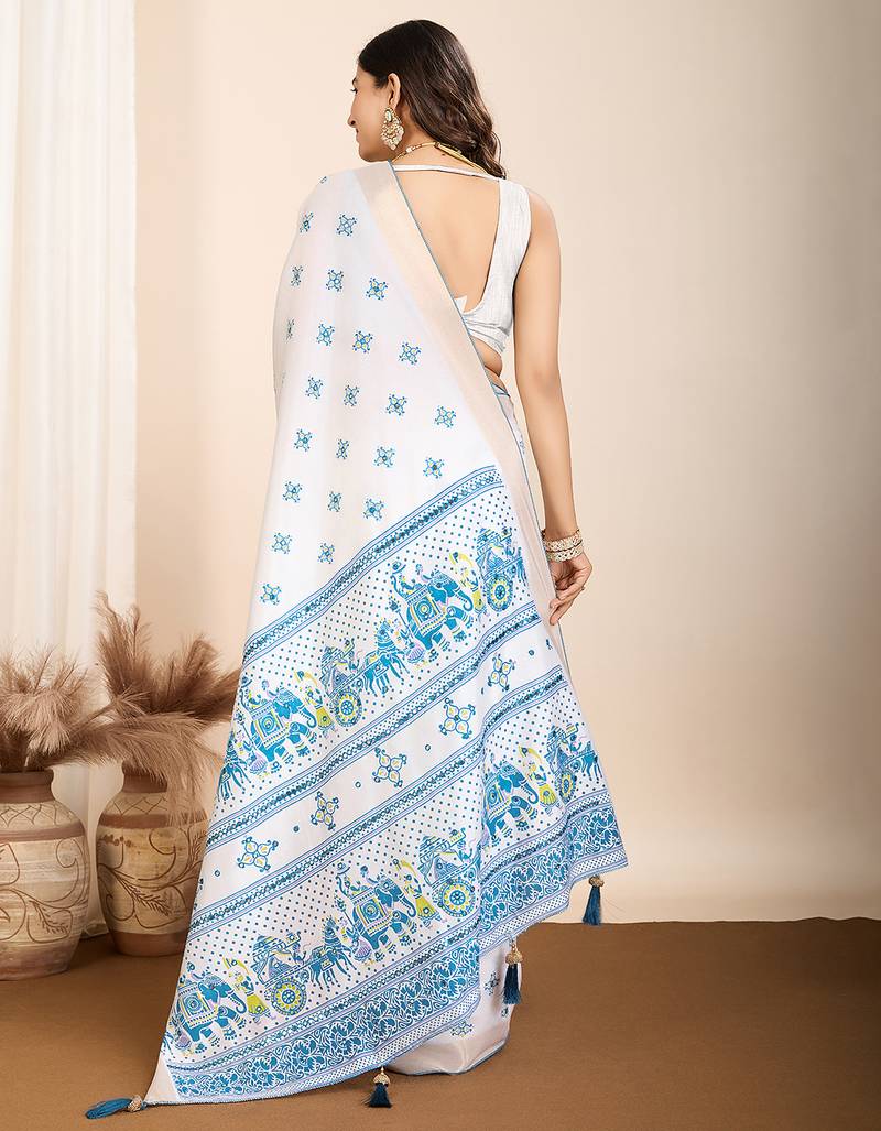 Blue printed semi cotton saree with blouse