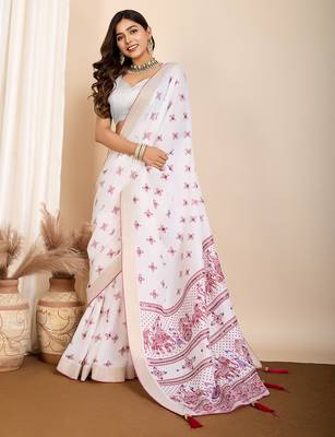 Wine printed semi cotton saree with blouse 1