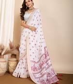 Wine printed semi cotton saree with blouse