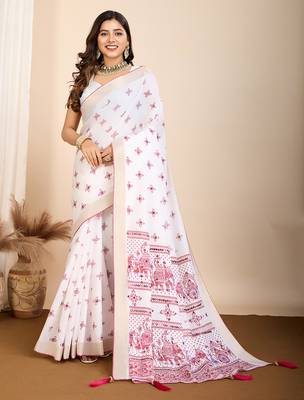 Wine printed semi cotton saree with blouse 2