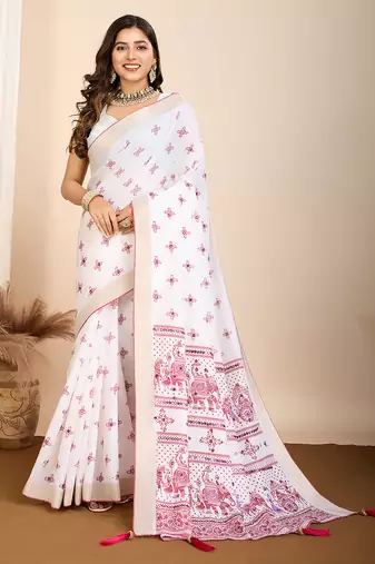 Wine printed semi cotton saree with blouse