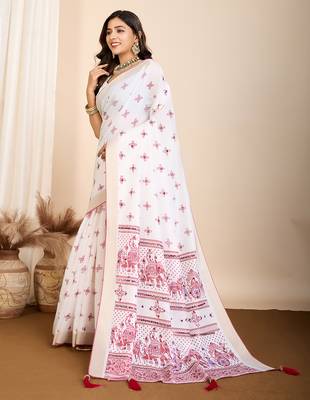 Wine printed semi cotton saree with blouse 3