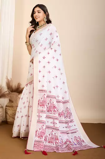 Wine printed semi cotton saree with blouse