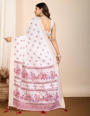 Wine printed semi cotton saree with blouse 4