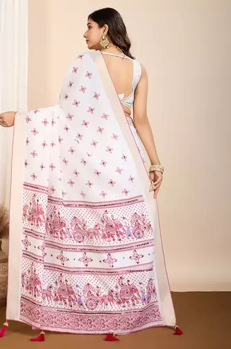 Wine printed semi cotton saree with blouse