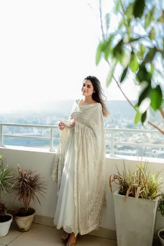 Beautiful White Colour Fully Flair Gown Set Designer Suit Set  