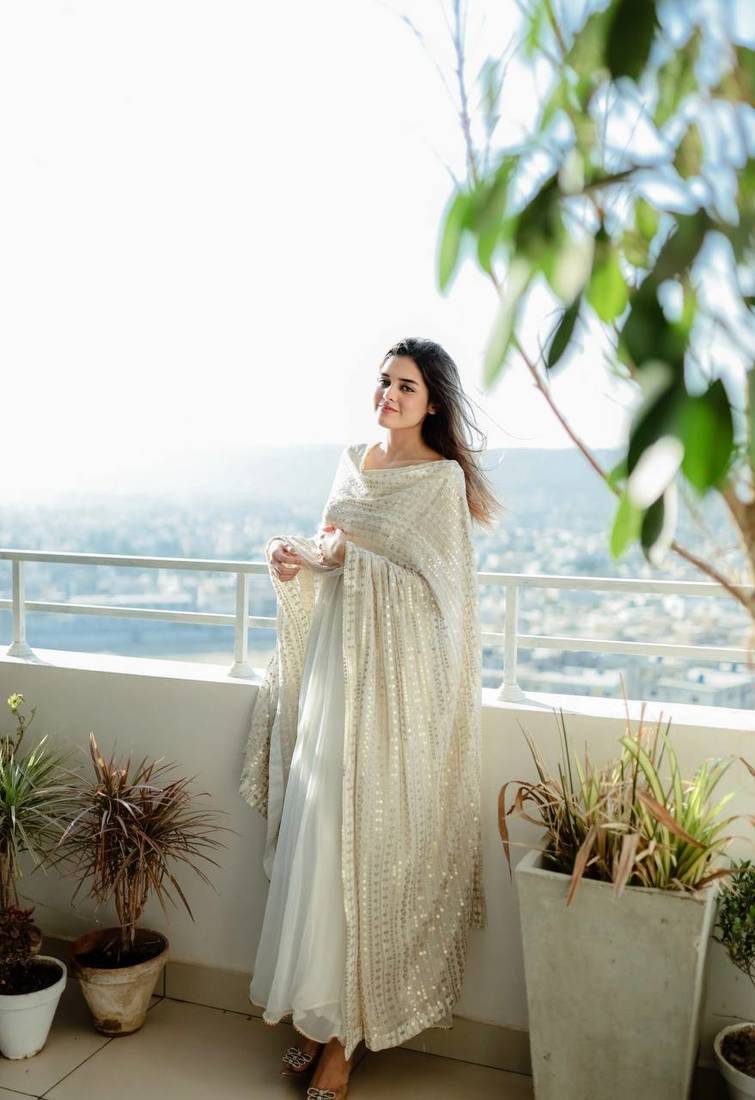 Beautiful White Colour Fully Flair Gown Set Designer Suit Set  