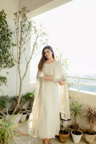 Beautiful White Colour Fully Flair Gown Set Designer Suit Set  