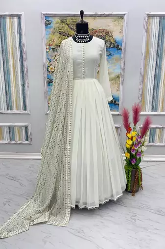 Beautiful White Colour Fully Flair Gown Set Designer Suit Set  
