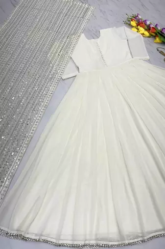 Beautiful White Colour Fully Flair Gown Set Designer Suit Set  