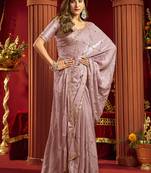 Mauve velvet heavy embroidery sequence work party wear saree