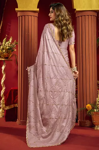 Mauve velvet heavy embroidery sequence work party wear saree