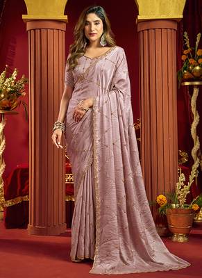 Mauve velvet heavy embroidery sequence work party wear saree 3