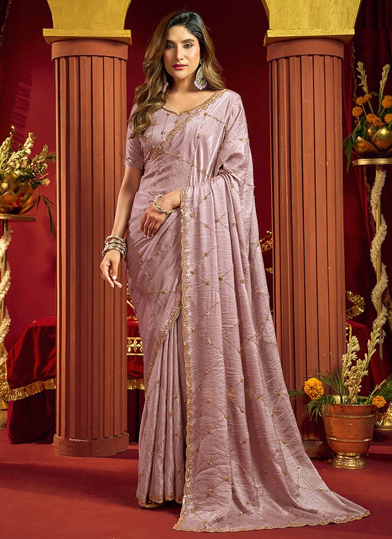 Mauve velvet heavy embroidery sequence work party wear saree