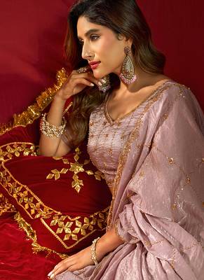 Mauve velvet heavy embroidery sequence work party wear saree 4