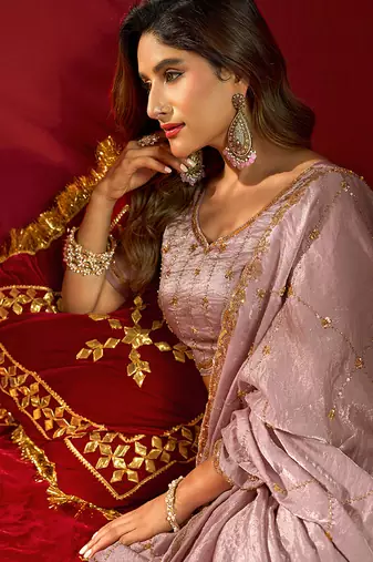 Mauve velvet heavy embroidery sequence work party wear saree