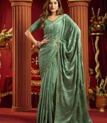 Light cyan velvet heavy embroidery sequence work party wear saree