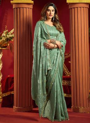 Light cyan velvet heavy embroidery sequence work party wear saree 2