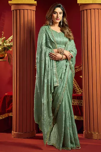 Light cyan velvet heavy embroidery sequence work party wear saree