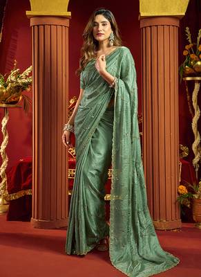 Light cyan velvet heavy embroidery sequence work party wear saree 3