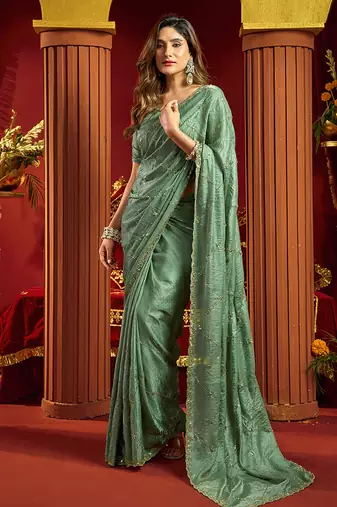 Light cyan velvet heavy embroidery sequence work party wear saree
