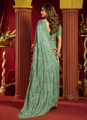 Light cyan velvet heavy embroidery sequence work party wear saree 4