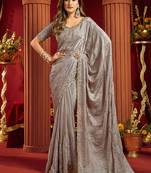 Gray velvet heavy embroidery sequence work party wear saree