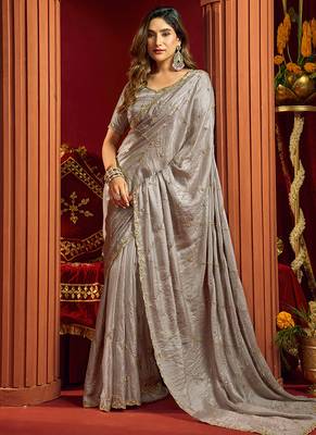 Gray velvet heavy embroidery sequence work party wear saree 2