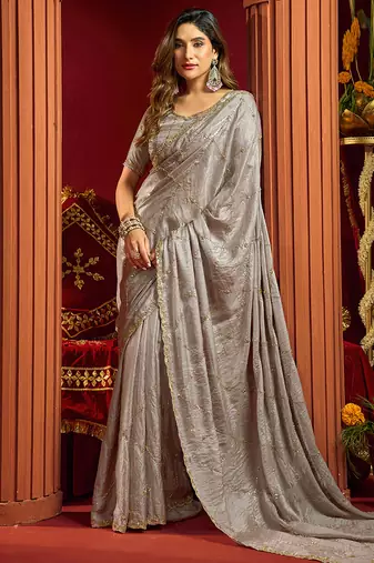 Gray velvet heavy embroidery sequence work party wear saree