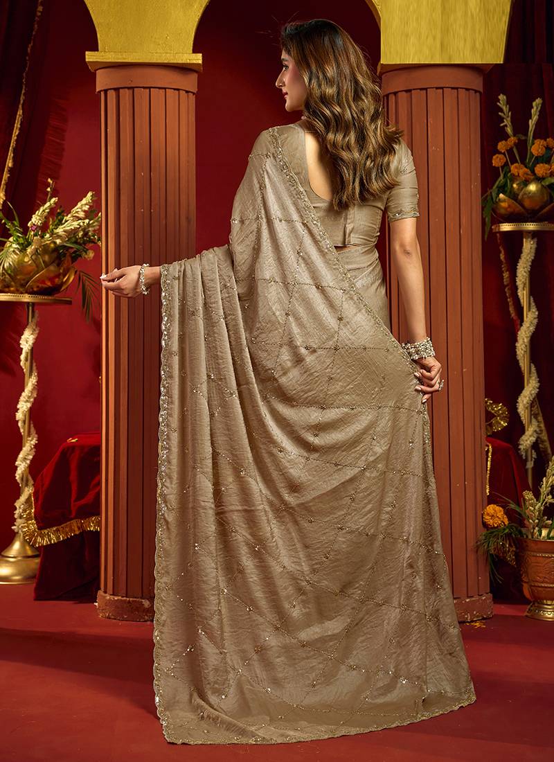 Chiku velvet heavy embroidery sequence work party wear saree