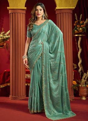 Light sky blue velvet heavy embroidery sequence work party wear saree 1