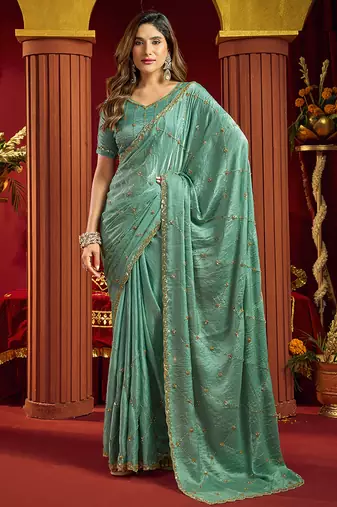 Light sky blue velvet heavy embroidery sequence work party wear saree
