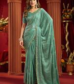 Light sky blue velvet heavy embroidery sequence work party wear saree