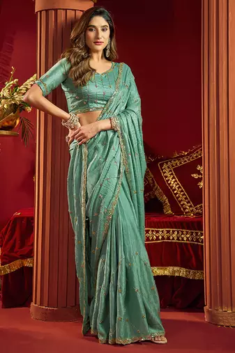 Light sky blue velvet heavy embroidery sequence work party wear saree