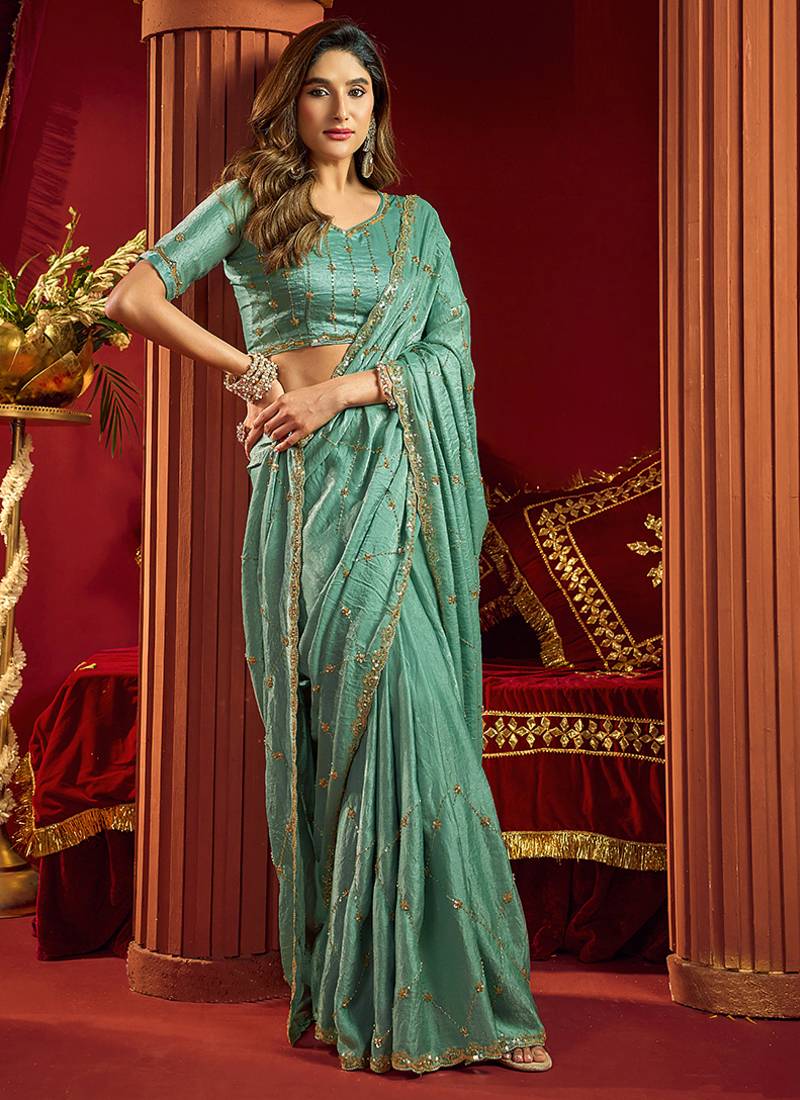 Light sky blue velvet heavy embroidery sequence work party wear saree