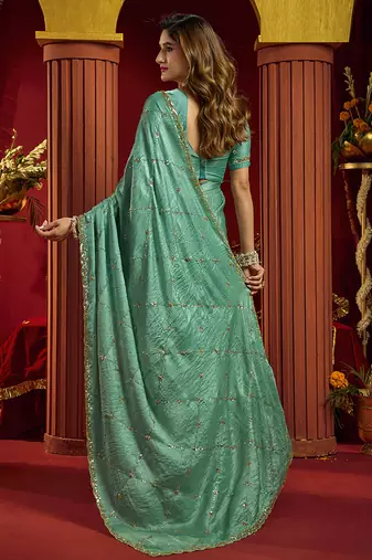 Light sky blue velvet heavy embroidery sequence work party wear saree